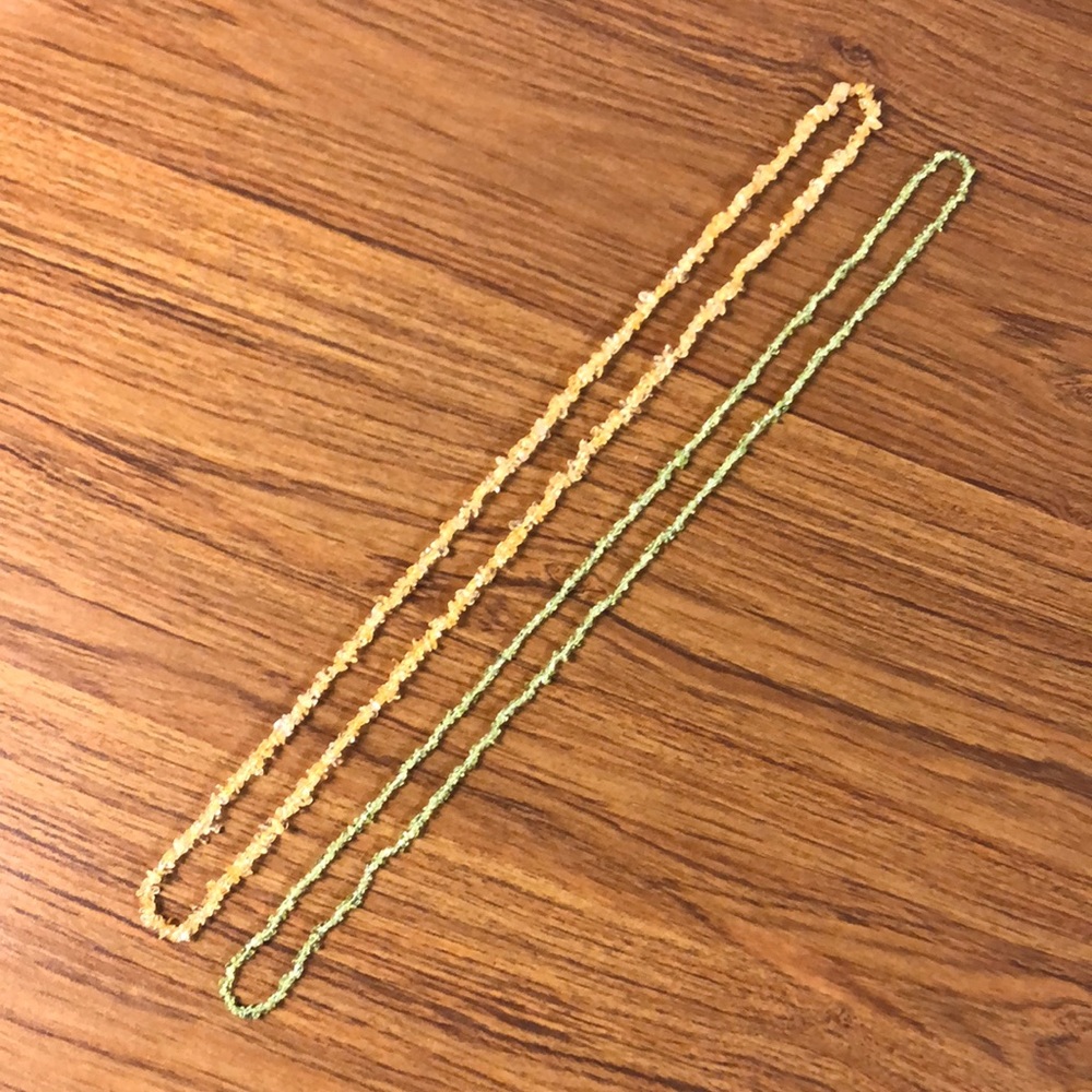 Two Glass Bead Necklaces. Endless. One Green One Amber
